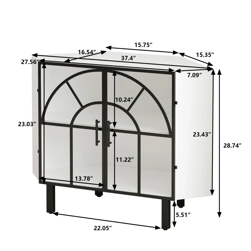37.4" Glass Two-Door Hexagonal Corner Cabinet, Iron and Tempered Glass, Sturdy and Durable, Easy Assembly, White