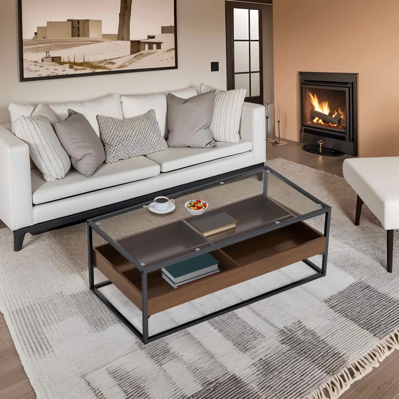 47.24" Rectangle Glass Coffee Table with Storage Shelf and Metal Legs, Tempered Glass Surface, Easy Assembly, 47.24" x 23.62" x 17.72", Black