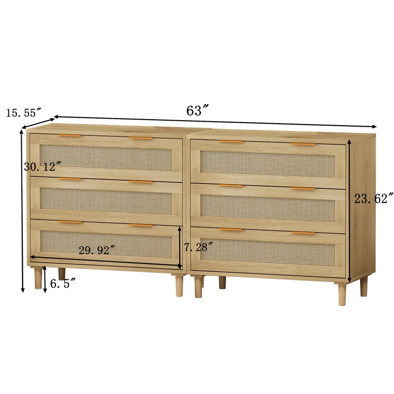 3-Drawer Rattan Storage Cabinet Set of 2, MDF and Solid Wood Legs, Iron Handles, 63" L x 15.55" W x 30.12" H, 52.47 lbs Each, Oak