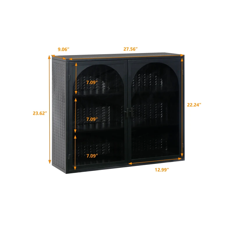 27.56" Modern Two-Door Wall Cabinet with Glass Doors, Three-Tier Storage, and Woven Pattern for Entryway, Living Room, Bathroom, Dining Room, Black