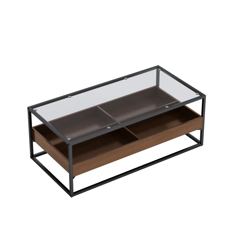 47.24" Rectangle Glass Coffee Table with Storage Shelf and Metal Legs, Tempered Glass Surface, Easy Assembly, 47.24" x 23.62" x 17.72", Black