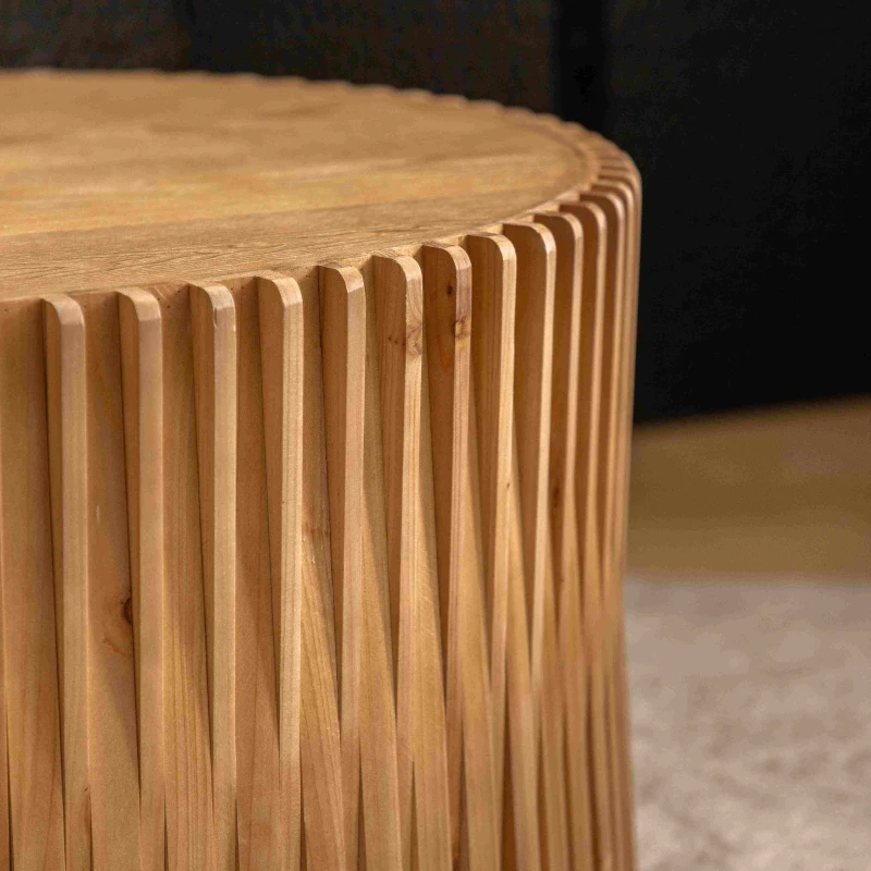 Vintage Cylindrical Nesting Coffee Table Set with Vertical Textured Embossed Design, No Assembly Required, 31.5" and 23.62", Natural
