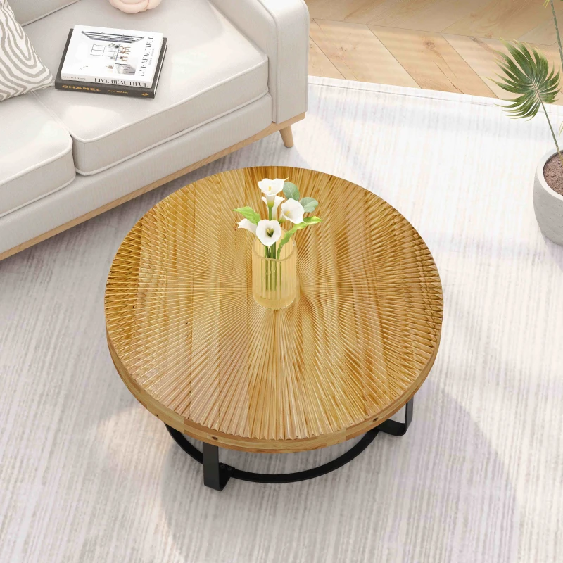 Modern Round Coffee Table with Carved Pine Top and Metal Legs, Easy Assembly, 31.5" Diameter for Living Room, Office, Reception Room, Natural+Black