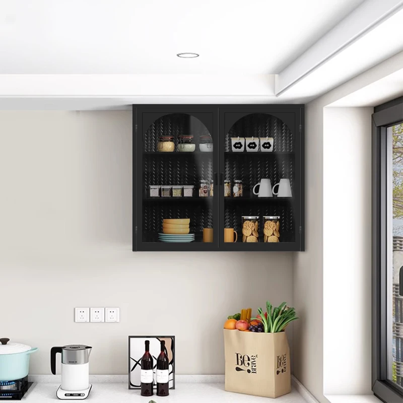 27.56" Modern Two-Door Wall Cabinet with Glass Doors, Three-Tier Storage, and Woven Pattern for Entryway, Living Room, Bathroom, Dining Room, Black