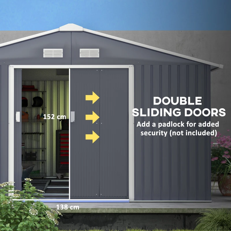 Outsunny 11' x 13' Garden Metal Shed, Storage Shed Utility Storage with Double Locking Doors for Bike, Yard Tools, Dark Gray