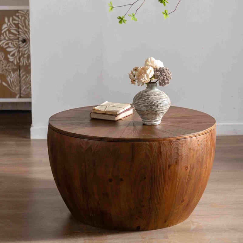31.5" Vintage Style Bucket Shaped Coffee Table with Storage Function for Office, Dining Room, and Living Room, 31.5"x31.5"x17.72", Brown