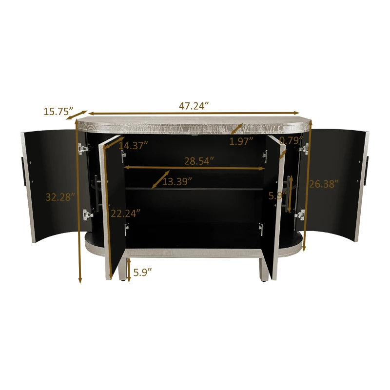 Modern Curved Sideboard, 47.2-Inch Decorative Storage Cabinet with 4 Doors and Adjustable Shelves for Living Room, Kitchen, Bedroom, Hallway, 47.24" x 15.75" x 32.28", Champagne