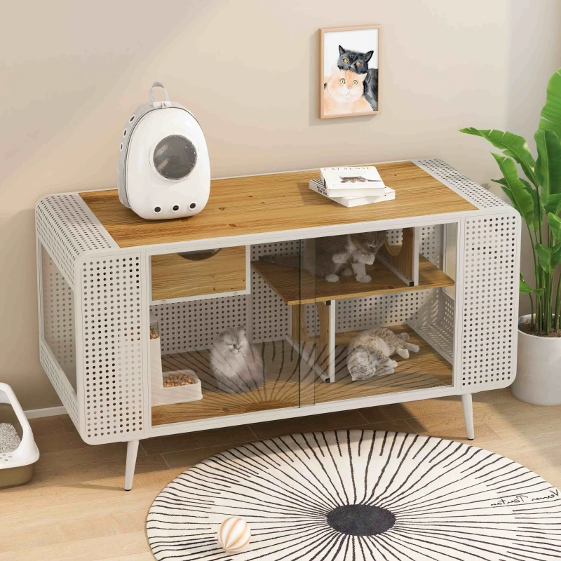 Spacious Cat House with Tempered Glass, Modern Style, Sturdy Fir Wood and Iron Frame, 55.12"L x 22.83"W x 29.92"H, White