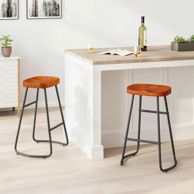29.53" Minimalist Bar Stools Set of 2, Counter Height, Pine Wood and Iron Frame, Ergonomic Design, Non-Slip Feet Pads, 250 lbs Capacity, Brown