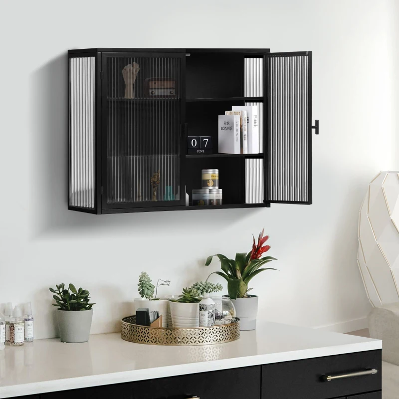 27.56" Modern Two-Door Wall Cabinet with Three-Tier Storage, Fluted Tempered Glass Doors, and Adjustable Shelves for Entryway, Living Room, Bathroom, Dining Room, Black