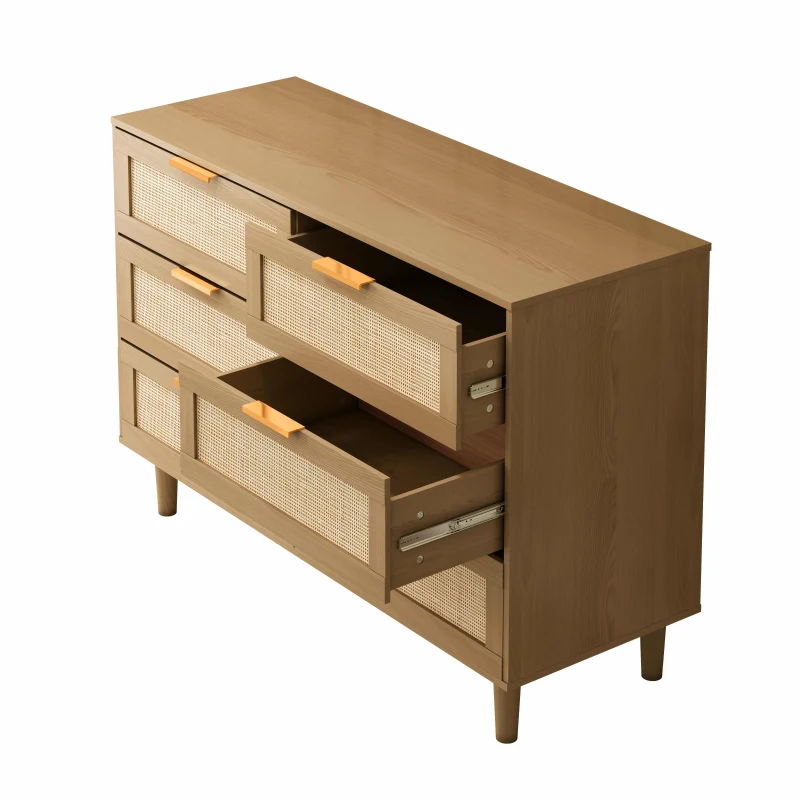 6-Drawer Rattan Dresser, Modern Natural Design with Ample Storage, Smooth Guide Rails, and Multi-Purpose Use, 43.31" x 15.75" x 29.45", Oak