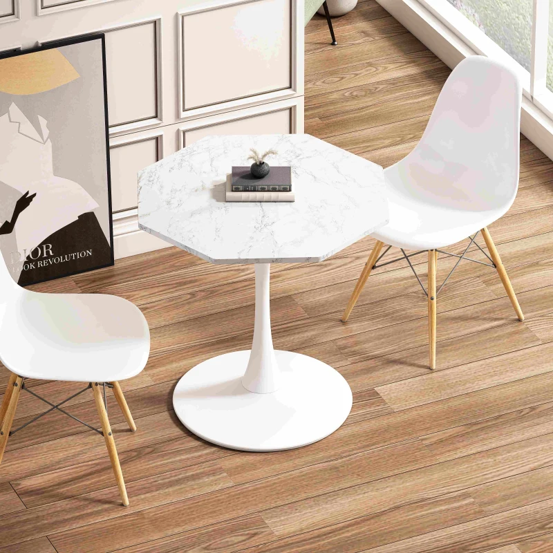 31.5" Modern Octagonal Coffee Table with Printed White Marble Table Top, Metal Base, Easy Assembly, and 220 lbs Weight Capacity, White Marble