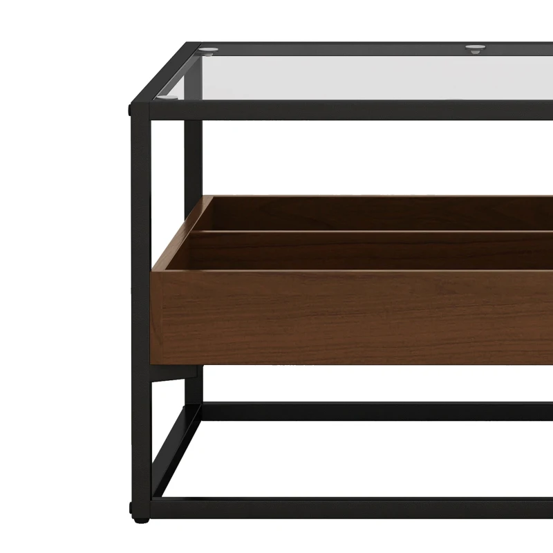 47.24" Rectangle Glass Coffee Table with Storage Shelf and Metal Legs, Tempered Glass Surface, Easy Assembly, 47.24" x 23.62" x 17.72", Black