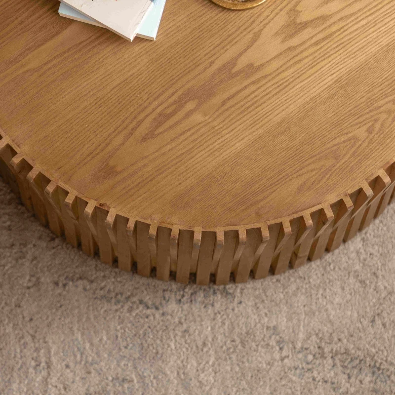 Vintage Cylindrical Nesting Coffee Table Set with Vertical Textured Embossed Design, No Assembly Required, 31.5" and 23.62", Natural