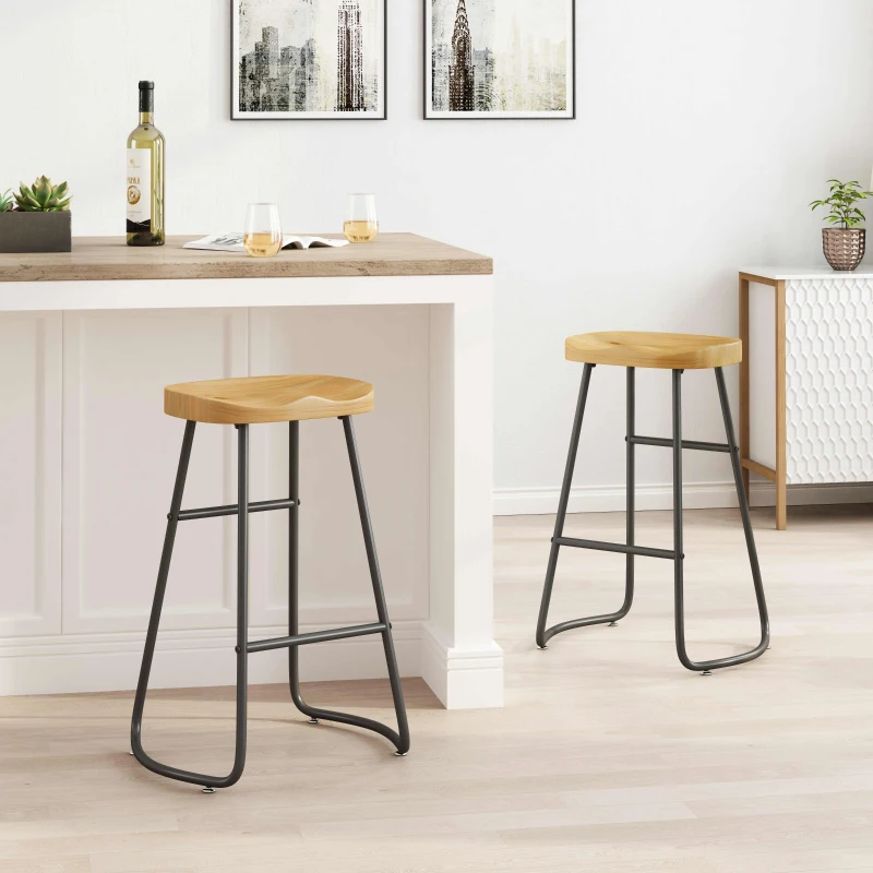 29.53" Minimalist Bar Stools Set of 2, Counter Height, Pine Wood and Iron Frame, Ergonomic Design, 250 lbs Capacity, Easy Assembly, Wood