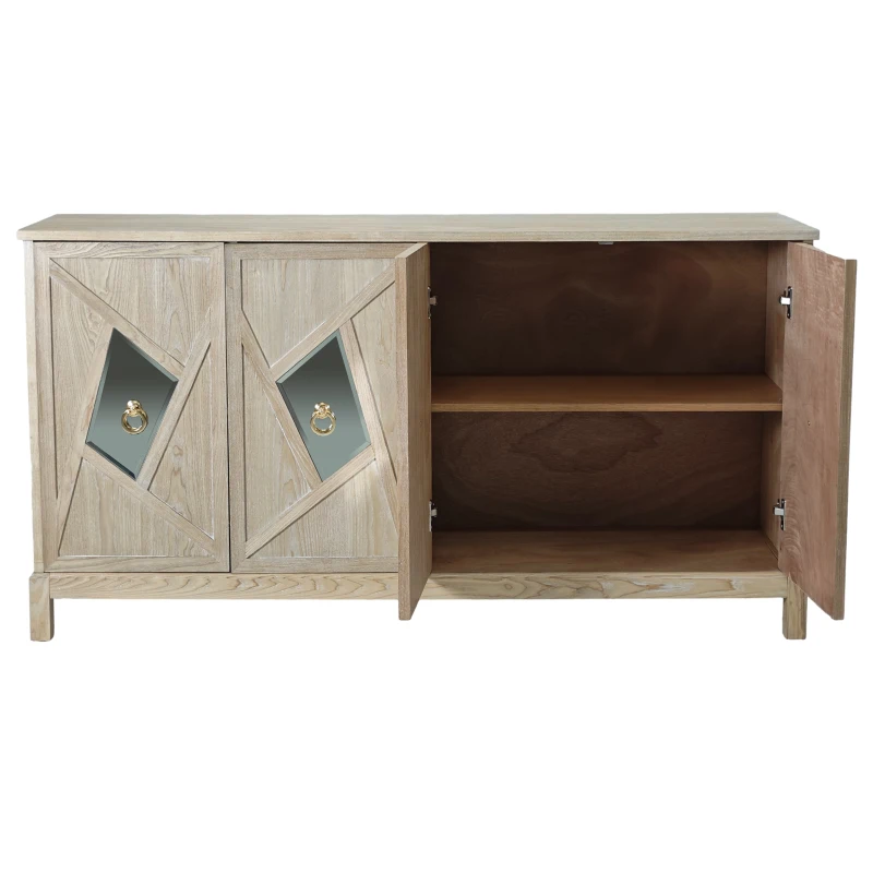 Modern 4-Door Cabinet with Mirrored Decorative Doors, Ample Storage, Solid Wood Legs, Easy Assembly, 59.84"L x 15.75"W x 31.89"H, Wood