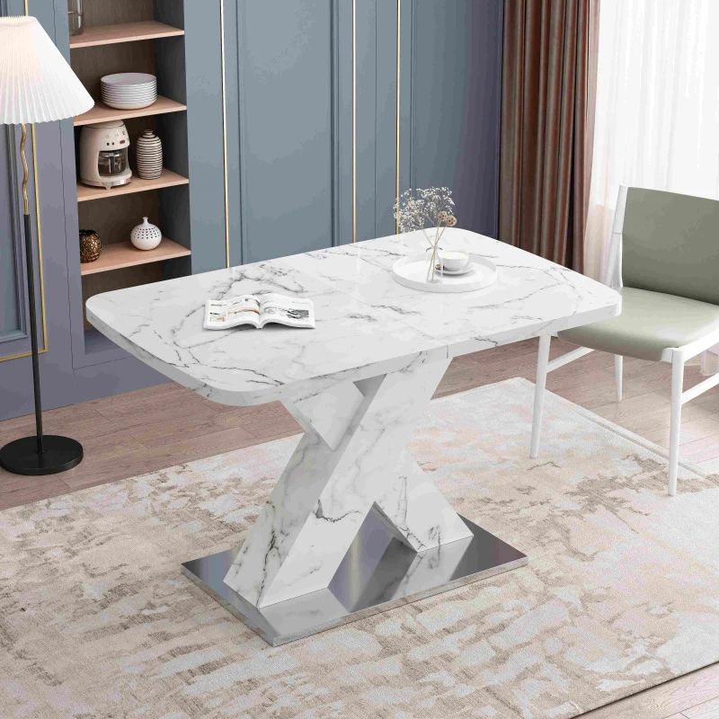 Modern Square Dining Table, Stretchable Printed White Marble Table Top, MDF X-Shape Table Leg with Metal Base, 62.99"L x 31.5"W x 30.12"H, White