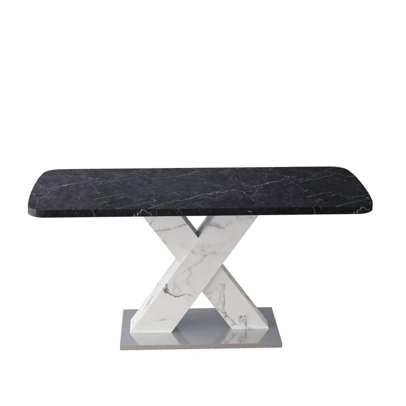 Modern Square Dining Table, Stretchable Black Marble Table Top with MDF X-Shape Legs and Metal Base, Easy Assembly, 62.99"L x 31.5"W x 30.12"H, Black White