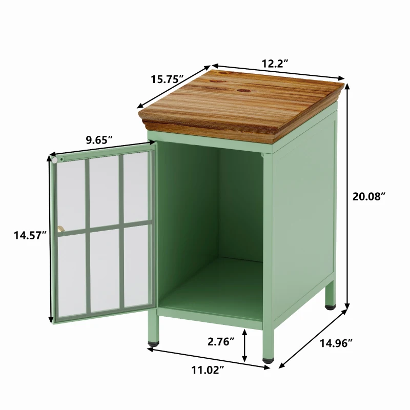Nightstand with Storage Cabinet & Solid Wood Tabletop, Bedside Table, Sofa Side Coffee Table for Bedroom, Living Room, Set of 2, 12.2"L x 15.75"W x 20.08"H, Green