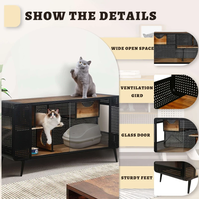 Spacious Cat House with Tempered Glass, Modern Style, Sturdy Fir Wood and Iron Frame, 55.12"L x 22.83"W x 29.92"H, Black+Brown