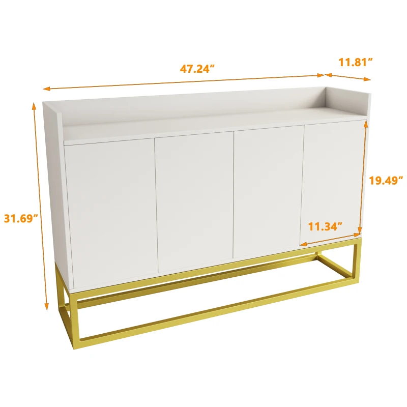 Stylish 4-Door Storage Cabinet with Square Metal Legs, Adjustable Shelf, and Particle Board Material, 47.24"L x 11.81"W x 31.69"H, White