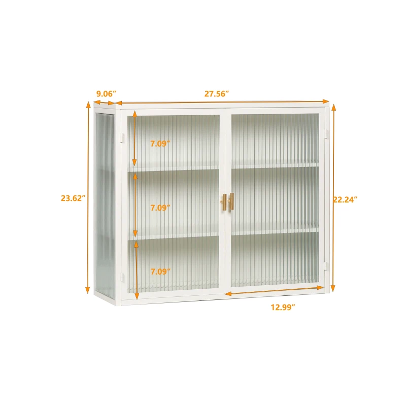 27.56" Modern Two-Door Wall Cabinet with Three-Tier Storage, Fluted Tempered Glass Doors, and Adjustable Shelves for Entryway, Living Room, Bathroom, Dining Room, White