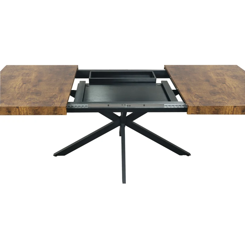 Retro Rectangular Stretch Dining Table, Antique Wood Top, Black Iron Base, with Storage Box, 55.11"-70.86", Black Brown