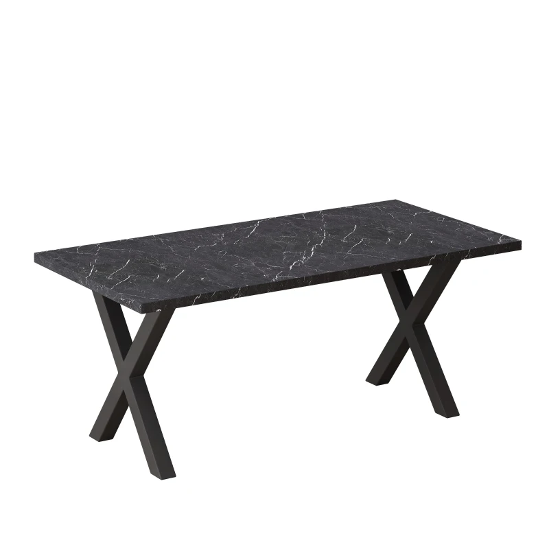 70.87" Modern Square Dining Table with Printed Black Marble Table Top and X-Shape Metal Legs, Easy Assembly, 220 lbs Weight Capacity, Black