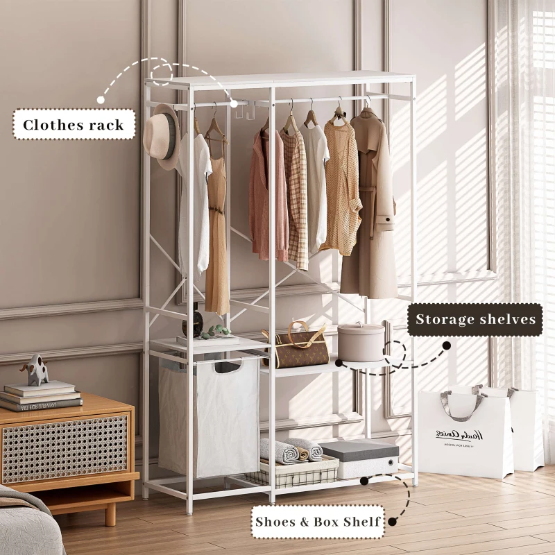 Portable Wardrobe Clothes Rack, Freestanding Clothing Rack with Bottom Mesh Storage and Oxford Cloth Bag, 47.24"L x 15.75"W x 72.05"H, White