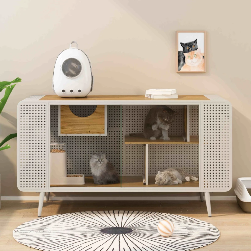Spacious Cat House with Tempered Glass, Modern Style, Sturdy Fir Wood and Iron Frame, 55.12"L x 22.83"W x 29.92"H, White