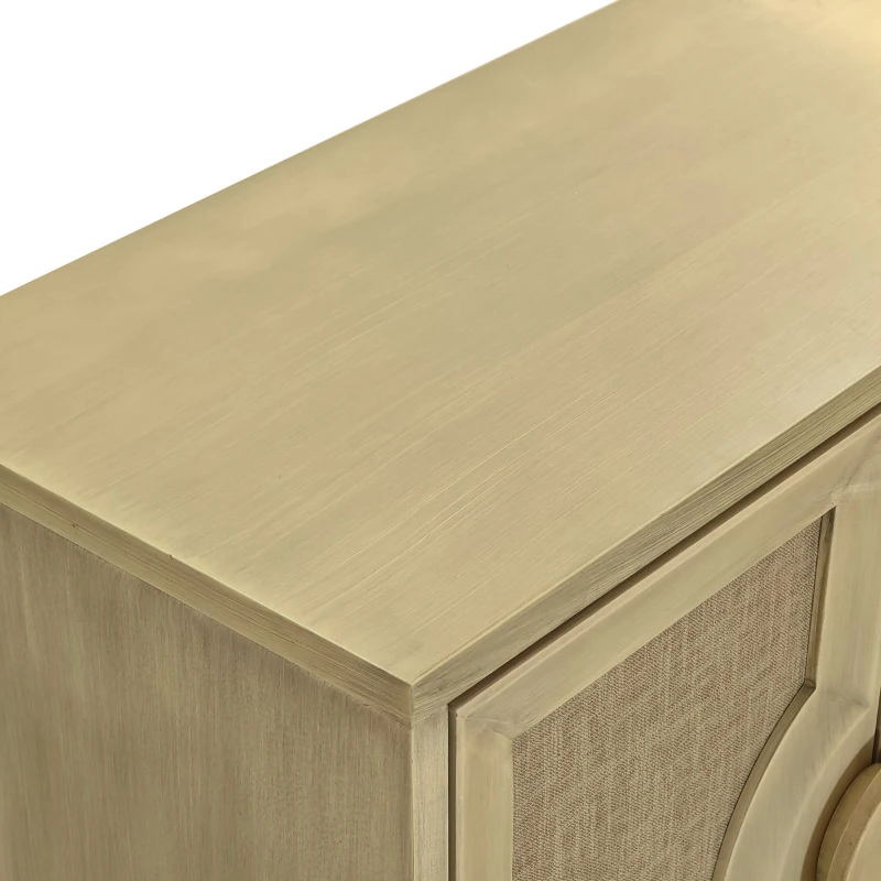 Elegant Vintage 4-Door Cabinet with Linen Decorated Doors, Adjustable Shelves, and Half-Moon Handles, 59.84"L x 15.75"W x 32.68"H, Easy Assembly, Natural