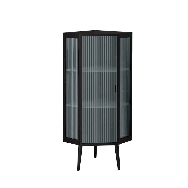 22.25'' Floor Corner Cabinet, Three Tiers with Tempered Glass Doors and Storage Shelves for Bathroom, Living Room, and Bedroom, 22.25"L x 16.75"W x 43.3"H, Black
