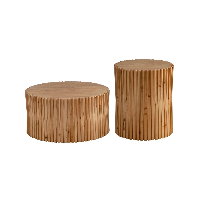 Retro Cylindrical Coffee Table Set of 2 with Vertical Texture Relief Design, No Assembly Required, MDF and Fir Wood, 20.47" and 31.5", Natural
