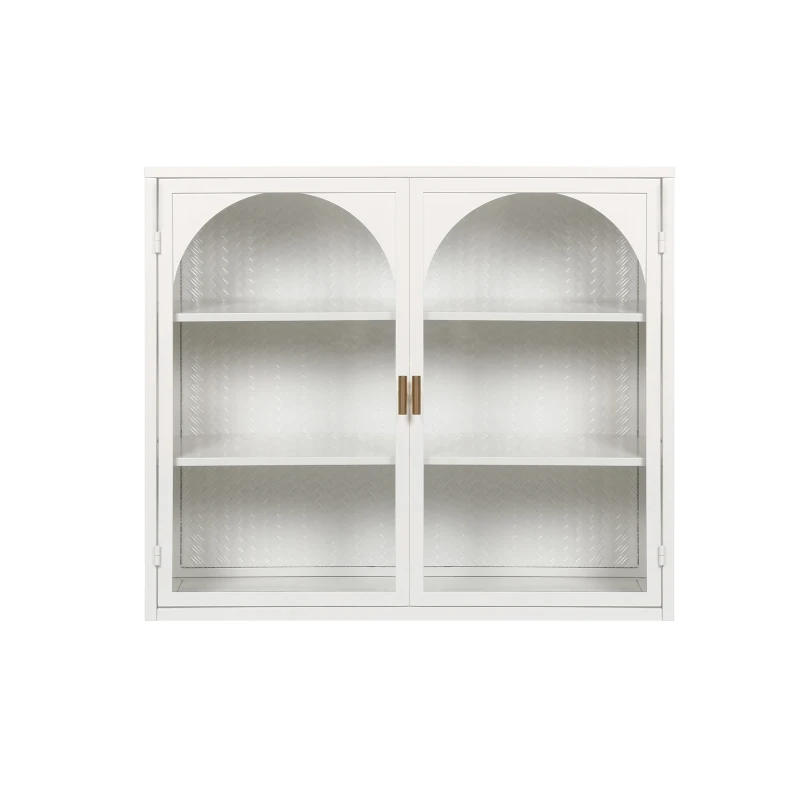 27.56" Modern Wall Cabinet with Glass Doors, Three-Tier Storage, and Woven Pattern for Entryway, Living Room, Bathroom, Dining Room, White