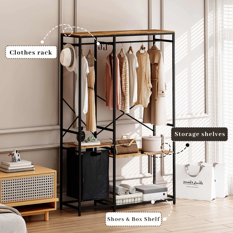 Portable Wardrobe Clothes Rack, Freestanding Clothing Rack with Bottom Mesh Storage, Premium Oxford Cloth Bag, 47.24"L x 15.75"W x 72.05"H, Black+Brown