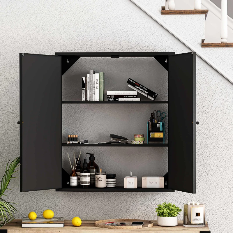 Vintage Two Door Wall Cabinet with Mirror, Three-Level Storage Space, Retro Style, Iron and Glass, 23.62"L x 5.91"W x 27.56"H, Black