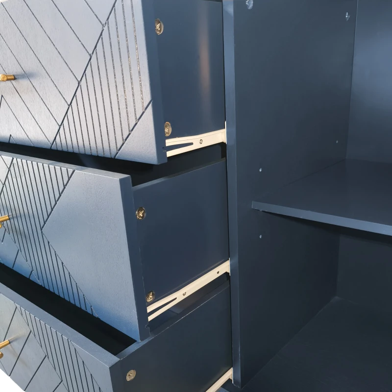 Stylish 2-Door 3-Drawer Cabinet with Carved Effect, Adjustable Shelves, and Easy Assembly, 55.12"L x 15.75"W x 32.68"H, Navy Blue