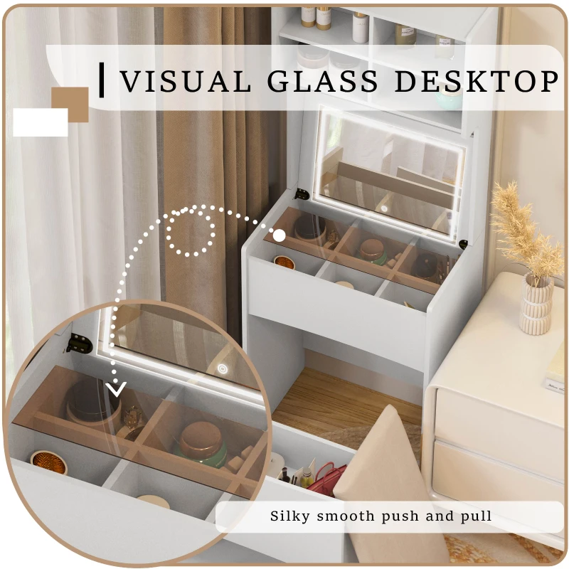 Dressing Table with Flip Top LED Mirror, Vanity Table with Storage, Removable Upholstered Stool, 23.62" x 15.75" x 62.99", White