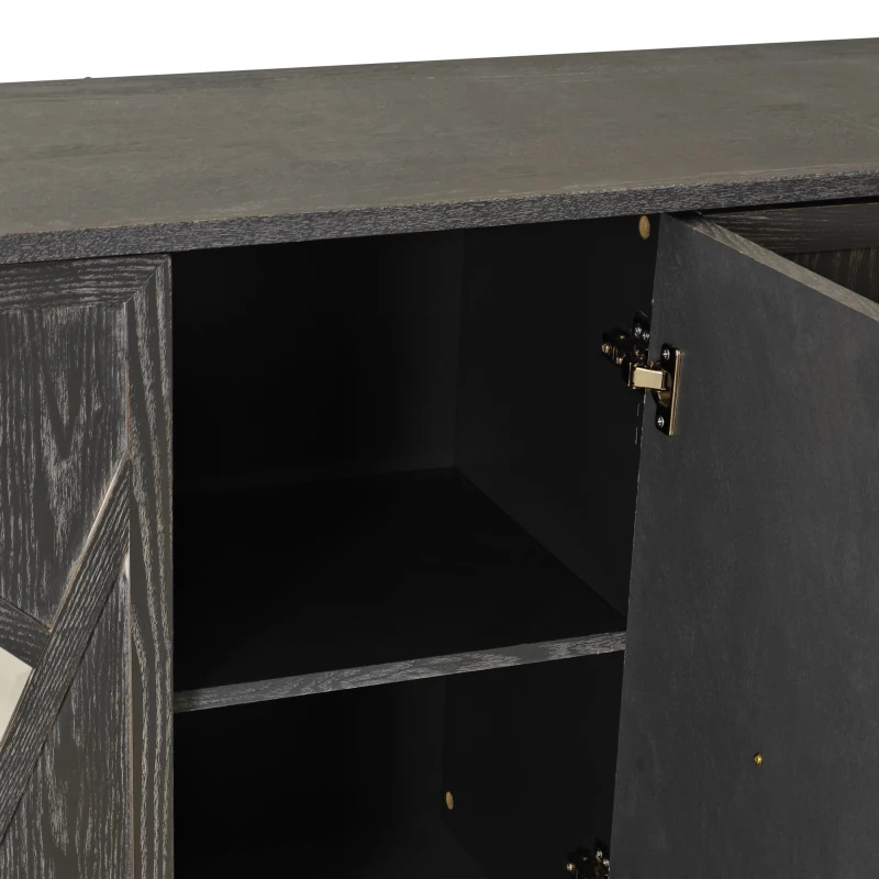 Modern 4-Door Cabinet with Mirrored Decorative Doors, Ample Storage, Easy Assembly, 59.84"L x 15.75"W x 31.89"H, Grey