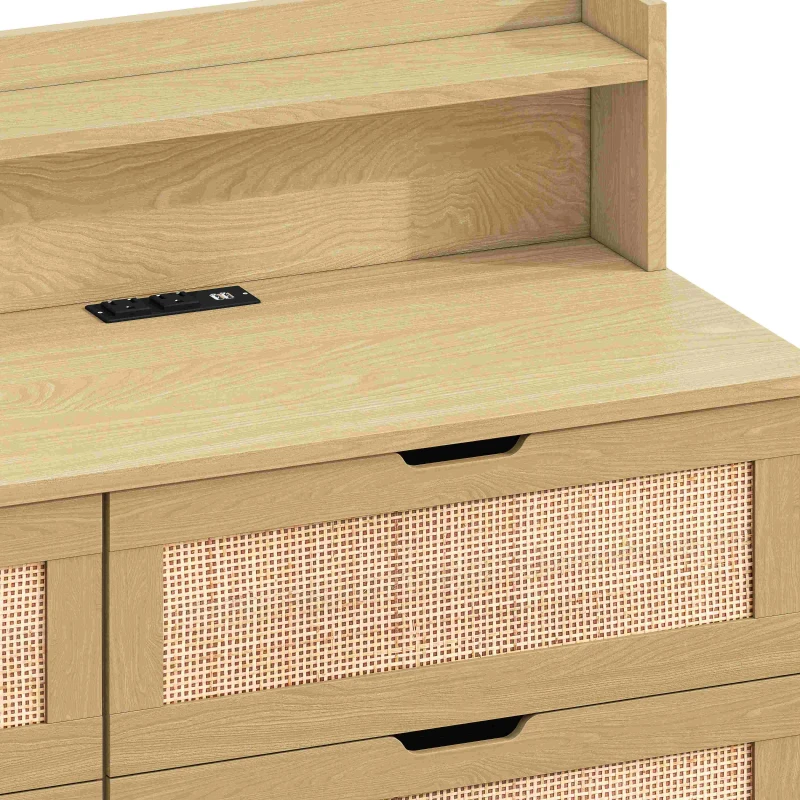 43.31" 6-Drawer Rattan Storage Cabinet with LED Lights and Power Outlet, for Bedroom and Living Room, Natural