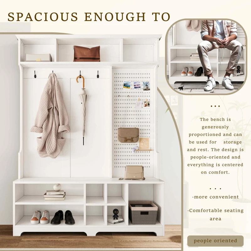 Hall Tree with Shoe Bench, Coat Rack, Storage Shelves, and Pegboard, 57.48"L x 14.96"W x 77.17"H, White