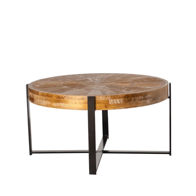 33.46" Retro Round Coffee Table, Fir Wood Top with Black Cross Legs, Easy Assembly and Maintenance, Natural