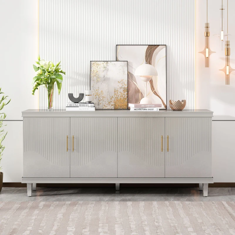 70.07'' Large 4-Door Cabinet, Solid Wood and MDF with Adjustable Shelves, 330 lbs Top Surface Capacity, 70.07''L x 15.75''W x 32.28''H, Champagne