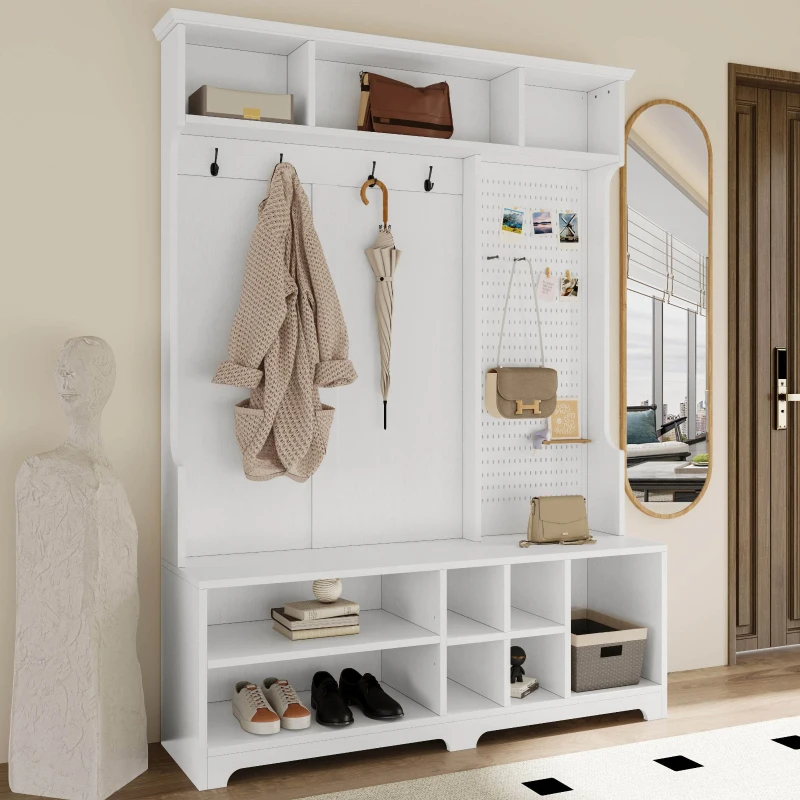 Hall Tree with Shoe Bench, Coat Rack, Storage Shelves, and Pegboard, 57.48"L x 14.96"W x 77.17"H, White