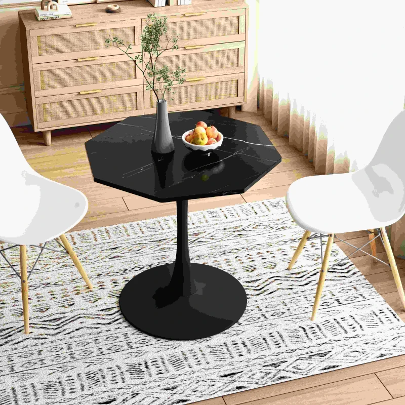 31.5" Modern Octagonal Coffee Table with Printed Black Marble Table Top, Metal Base, Easy Assembly, and High Load-Bearing Capacity, marble