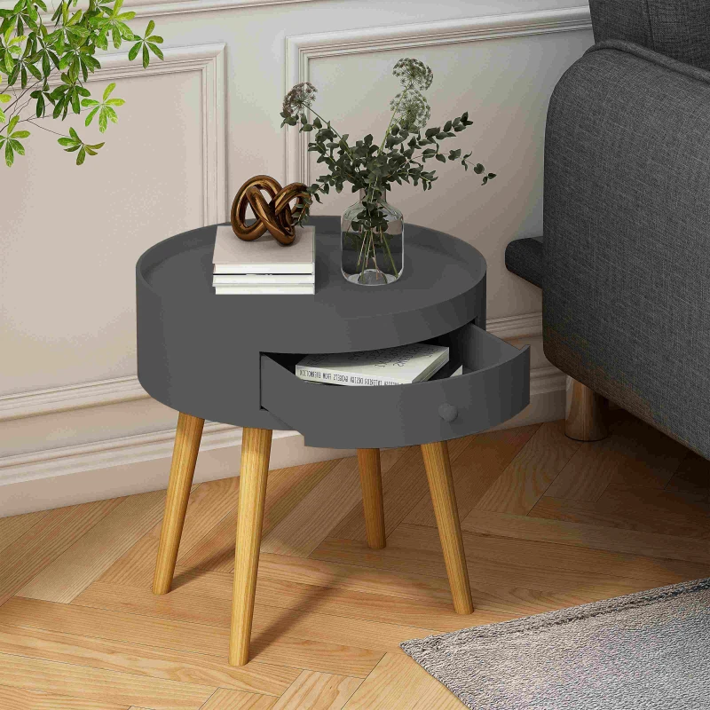 Modern Coffee Table with Drawer, Bedside Table, Oak Legs, Versatile Use for Living Room and Bedroom, 14.96"x14.96"x18", Gray