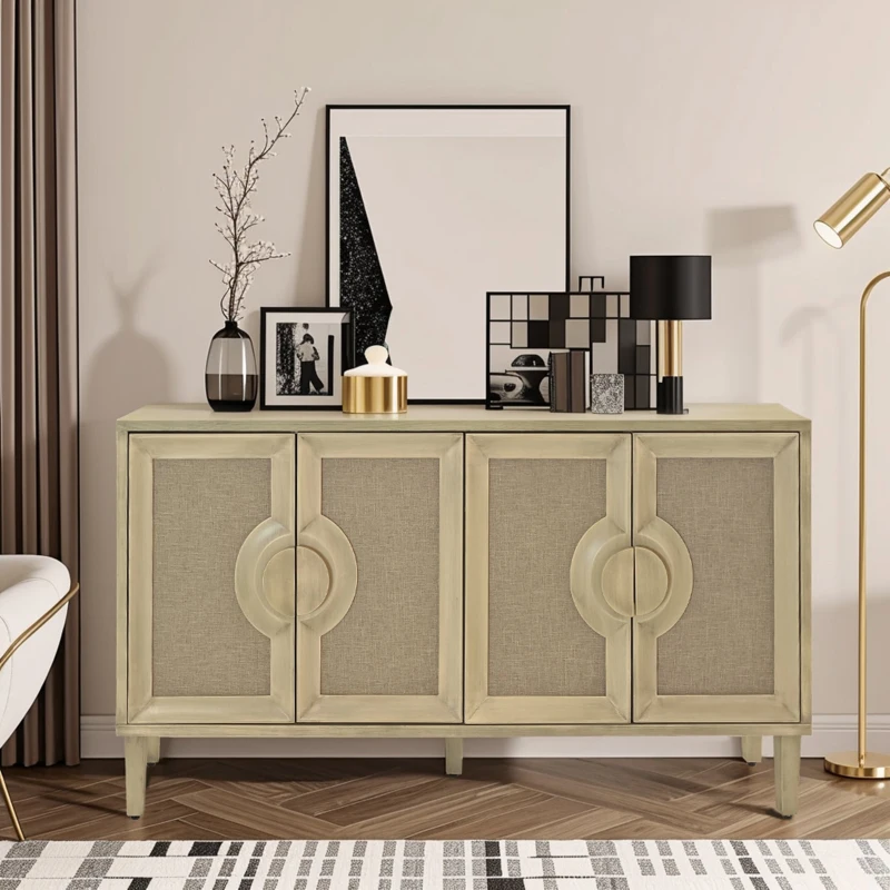Elegant Vintage 4-Door Cabinet with Linen Decorated Doors, Adjustable Shelves, and Half-Moon Handles, 59.84"L x 15.75"W x 32.68"H, Easy Assembly, Natural