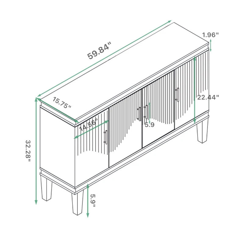 59.84'' Large 4-Door Cabinet, Solid Wood and MDF, Adjustable Shelves, 330 lbs Top Surface Capacity, 66 lbs Laminate Capacity, 59.84''L x 15.75''W x 32.28''H, Champagne