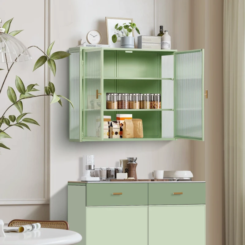 27.56" Glass Doors Modern Two-Door Wall Cabinet with Three-Tier Storage for Entryway, Living Room, Bathroom, Dining Room, Mint Green