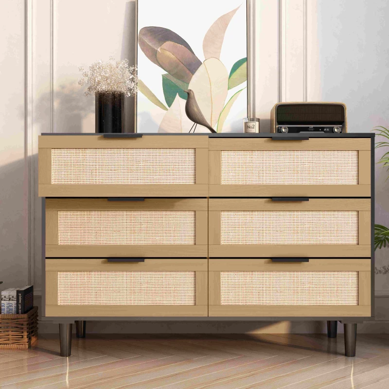 6-Drawer Rattan Dresser, Modern Natural Rattan Design, High-Quality Chipboard, Ample Storage Space, 43.31" x 15.75" x 29.45", Black